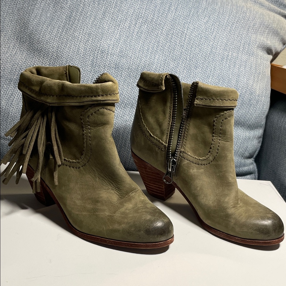 Sam Edelman Olive Green Ankle Boots leather heeled with Fringe size 6.5